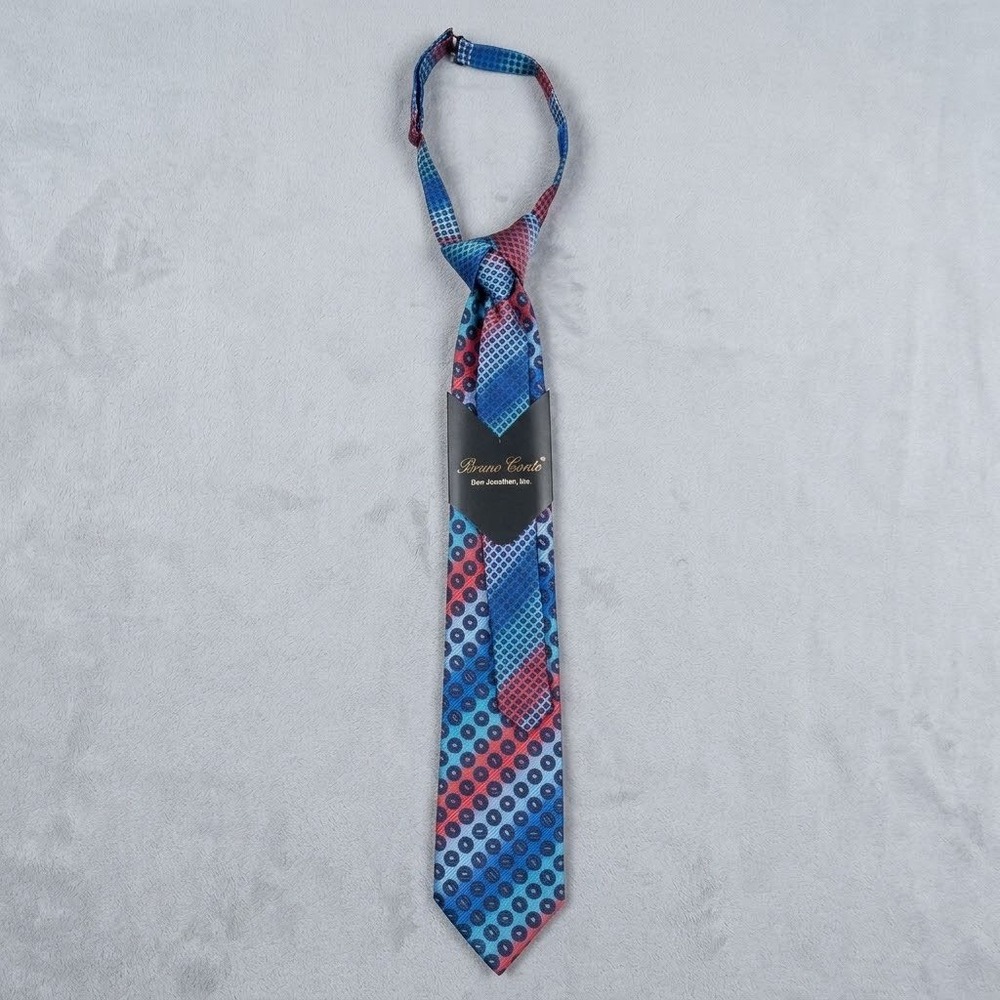 Bruno Conte Don Jonathan Mens Blue Red Geometric Circles Clip On Necktie Tie